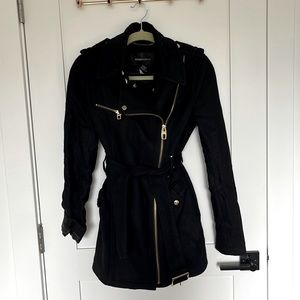 Black wool coat with gold zipper and belt